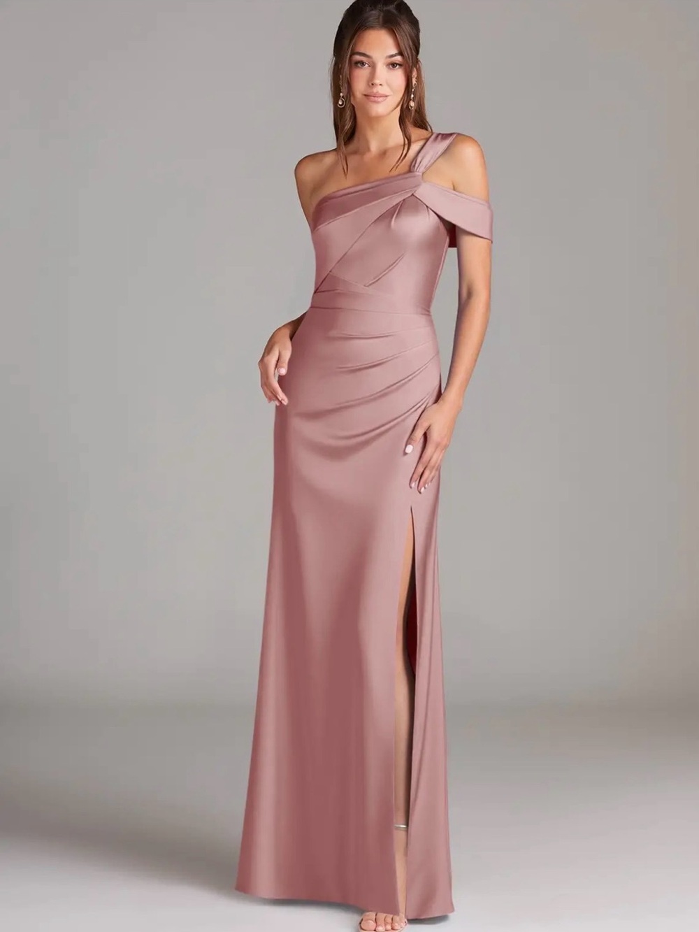 Azazie One-Shoulder Dusty Rose Satin Formal Gown 14